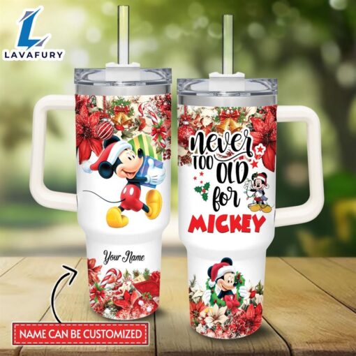 Custom Name Mickey Mouse Poinsettia Red Flower Christmas Pattern 40oz Stainless Steel Tumbler with Handle and Straw Lid