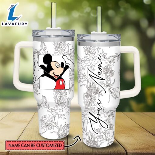 Custom Name Mickey Mouse Sketch Flower Pattern White 40oz Stainless Steel Tumbler with Handle and Straw Lid