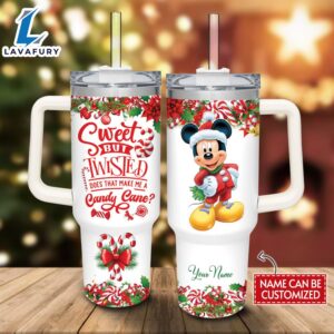 Custom Name Mickey Mouse Sweet But Twisted Christmas Theme Pattern 40oz Tumbler with Handle and Straw Lid