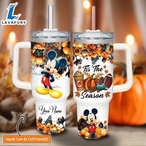 Custom Name Mickey Mouse Tis The Season Fall Leaf Pattern 40oz Stainless Steel Tumbler with Handle and Straw Lid