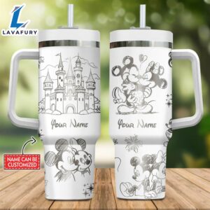 Custom Name Mickey &amp Minnie Mouse Disney Castle Pattern Laser Engraved 40oz Stainless Steel Tumbler with Handle and Straw Lid