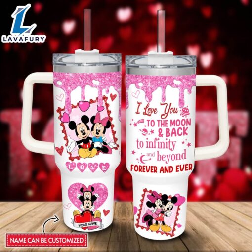 Custom Name Mickey &amp Minnie Mouse Love You To The Moon &amp Back 40oz Stainless Steel Tumbler with Handle and Straw Lid