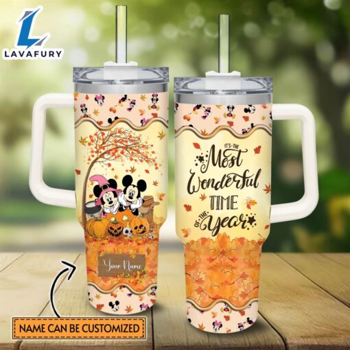 Custom Name Mickey &amp Minnie Mouse Most Wonderful Time Fall Leaf Pattern 40oz Stainless Steel Tumbler with Handle and Straw Lid