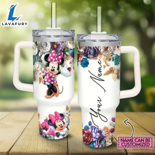 Custom Name Minnie Mouse 3D Colorful Flower Sublimation Pattern 40oz Tumbler with Handle and Straw Lid