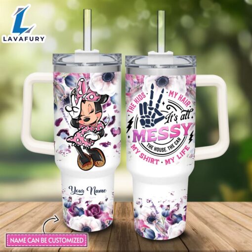 Custom Name Minnie Mouse Girl It’s All Messy 40oz Stainless Steel Tumbler with Handle and Straw Lid