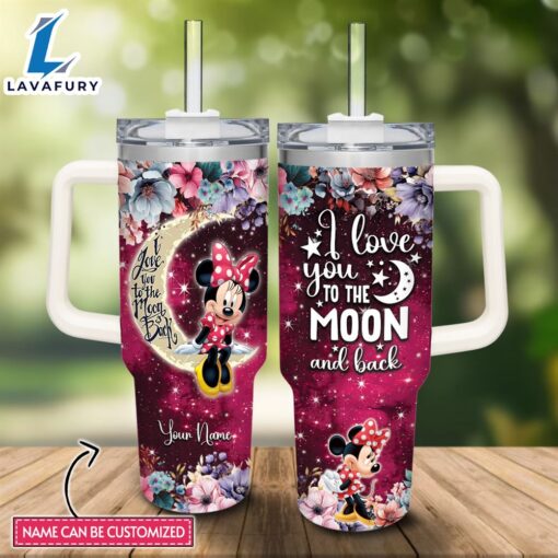 Custom Name Minnie Mouse I Love You To The Moon &amp Back 40oz Stainless Steel Tumbler with Handle and Straw Lid