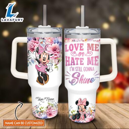 Custom Name Minnie Mouse I’m Still Gonna Shine Flower Pattern 40oz Stainless Steel Tumbler with Handle and Straw Lid