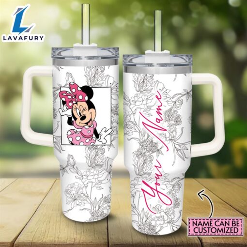 Custom Name Minnie Mouse Sketch Flower Pattern White 40oz Stainless Steel Tumbler with Handle and Straw Lid