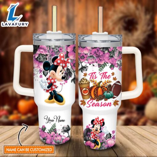 Custom Name Minnie Mouse Tis The Season Fall Leaf Pattern 40oz Stainless Steel Tumbler with Handle and Straw Lid