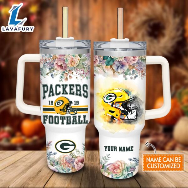 Custom Name Packers Helmet Flame Pattern 40oz Stainless Steel Tumbler with Handle and Straw Lid