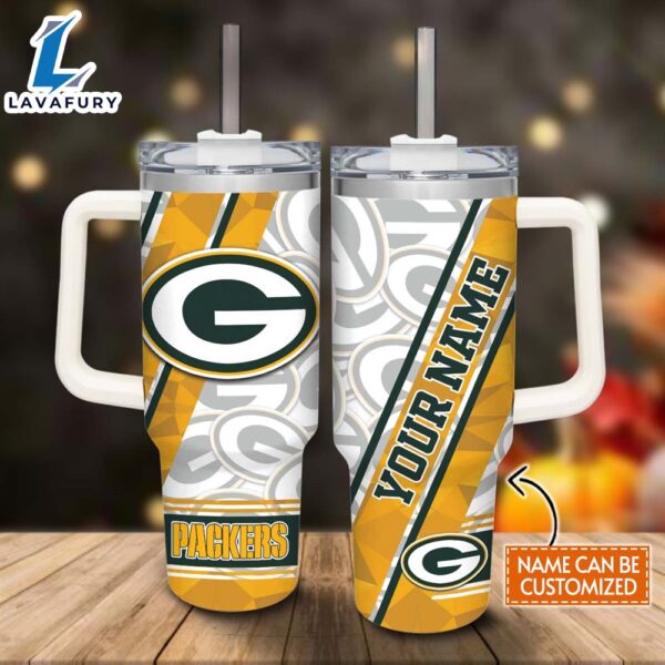 Custom Name Packers Pattern 40oz Stainless Steel Tumbler with Handle and Straw Lid