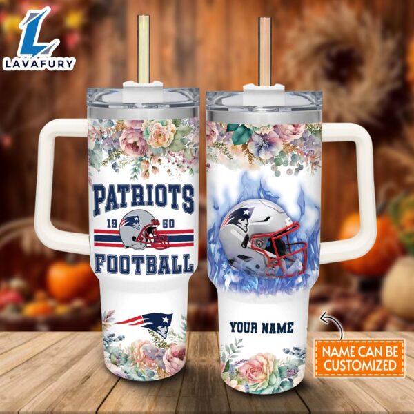 Custom Name Patriots Helmet Flame Pattern 40oz Stainless Steel Tumbler with Handle and Straw Lid