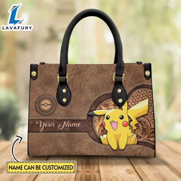 Custom Name Pikachu Pattern Brown Leather Premium Leather Handbag