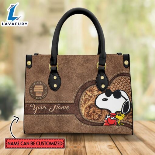 Custom Name Snoopy Pattern Brown Leather Premium Leather Handbag