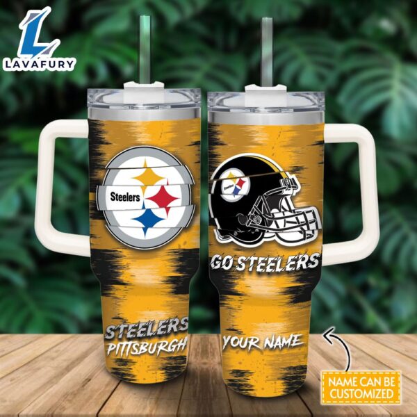 Custom Name Steelers Color Blocks 40oz Stainless Steel Tumbler with Handle and Straw Lid