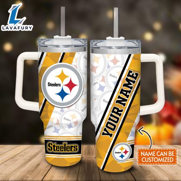 Custom Name Steelers Pattern 40oz Stainless Steel Tumbler with Handle and Straw Lid