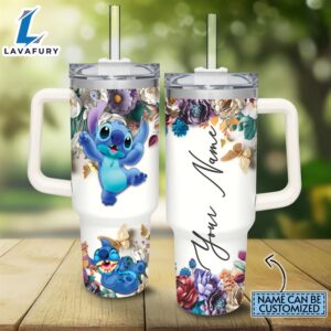 Custom Name Stitch 3D Colorful Flower Sublimation Pattern 40oz Tumbler with Handle and Straw Lid