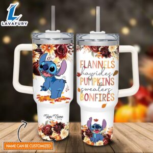 Custom Name Stitch Flannels Pumpkins Bonfires Fall Theme Pattern 40oz Tumbler with Handle and Straw Lid