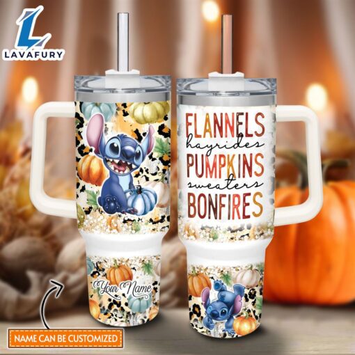 Custom Name Stitch Flannels Pumpkins Bonfires Pattern 40oz Stainless Steel Tumbler with Handle and Straw Lid