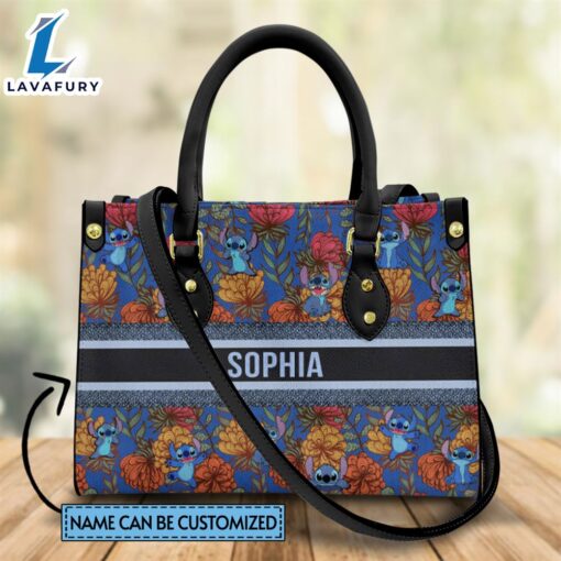 Custom Name Stitch Flower Fabric Pattern Premium Leather Handbag