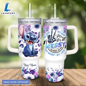 Custom Name Stitch Girl It’s All Messy 40oz Stainless Steel Tumbler with Handle and Straw Lid