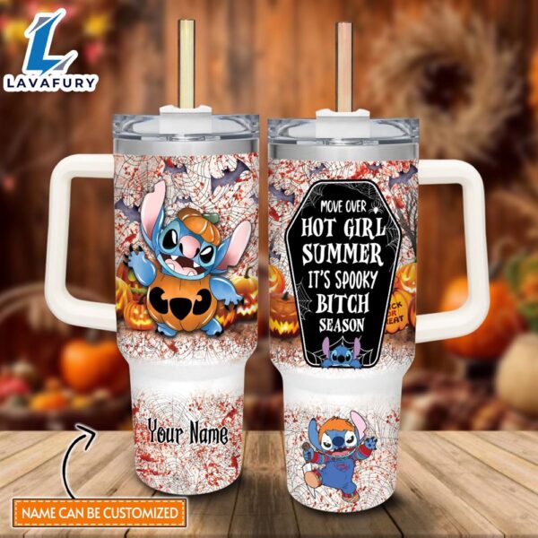 Custom Name Stitch Halloween Costume It’s Spooky Season 40oz Stainless Steel Tumbler with Handle and Straw Lid