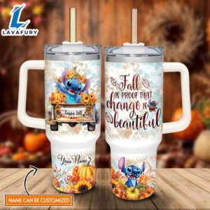 Custom Name Stitch Happy Fall Pumpkin Flower Pattern 40oz Tumbler with Handle and Straw Lid