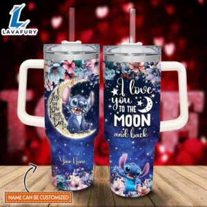 Custom Name Stitch I Love You To The Moon &amp Back 40oz Stainless Steel Tumbler with Handle and Straw Lid