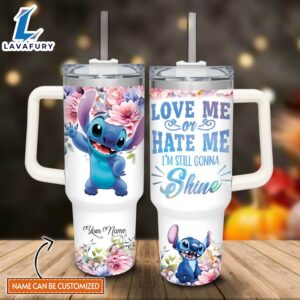 Custom Name Stitch I’m Still Gonna Shine Flower Pattern 40oz Stainless Steel Tumbler with Handle and Straw Lid