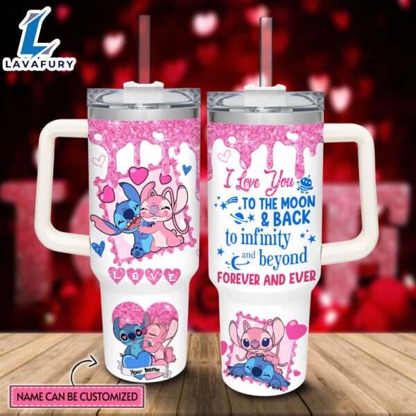 Custom Name Stitch Love You To The Moon &amp Back 40oz Stainless Steel Tumbler with Handle and Straw Lid