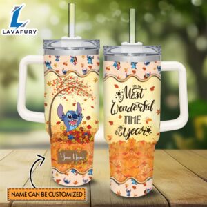 Custom Name Stitch Most Wonderful Time Fall Leaf Pattern 40oz Stainless Steel Tumbler with Handle and Straw Lid