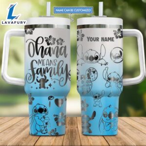 Custom Name Stitch Ohana Means Family Pattern Laser Engraved 40oz Stainless Steel Tumbler with Handle and Straw Lid