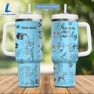 Custom Name Stitch Ohana Pattern Laser Engraved 40oz Stainless Steel Tumbler with Handle and Straw Lid
