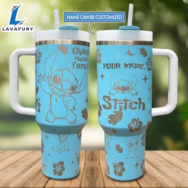 Custom Name Stitch Pattern Laser Engraved 40oz Stainless Steel Tumbler with Handle and Straw Lid