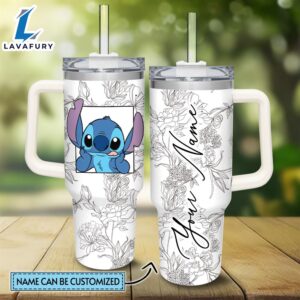 Custom Name Stitch Sketch Flower Pattern White 40oz Stainless Steel Tumbler with Handle and Straw Lid