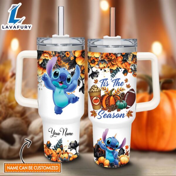 Custom Name Stitch Tis The Season Fall Leaf Pattern 40oz Stainless Steel Tumbler with Handle and Straw Lid
