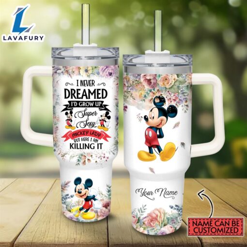 Custom Name Super Sexy Mickey Mouse Lady Vintage Flower Pattern 40oz Stainless Steel Tumbler with Handle and Straw Lid