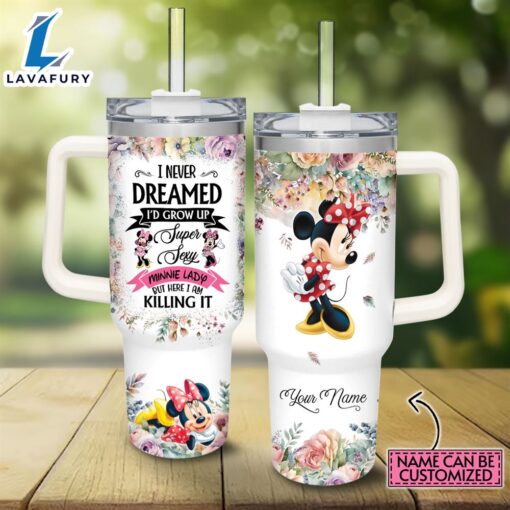 Custom Name Super Sexy Minnie Mouse Lady Vintage Flower Pattern 40oz Stainless Steel Tumbler with Handle and Straw Lid