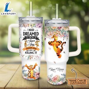 Custom Name Super Sexy Tigger Lady Vintage Flower Pattern 40oz Stainless Steel Tumbler with Handle and Straw Lid
