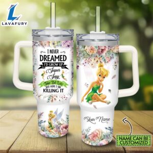 Custom Name Super Sexy Tinker Bell Lady Vintage Flower Pattern 40oz Stainless Steel Tumbler with Handle and Straw Lid