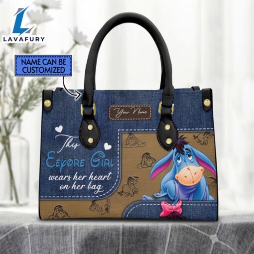 Custom Name This Eeyore Girl Wears Her Heart Jean Pattern Premium Leather Handbag