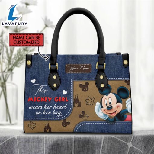 Custom Name This Mickey Girl Wears Her Heart Jean Pattern Premium Leather Handbag