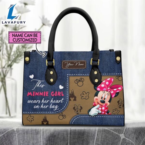 Custom Name This Minnie Girl Wears Her Heart Jean Pattern Premium Leather Handbag