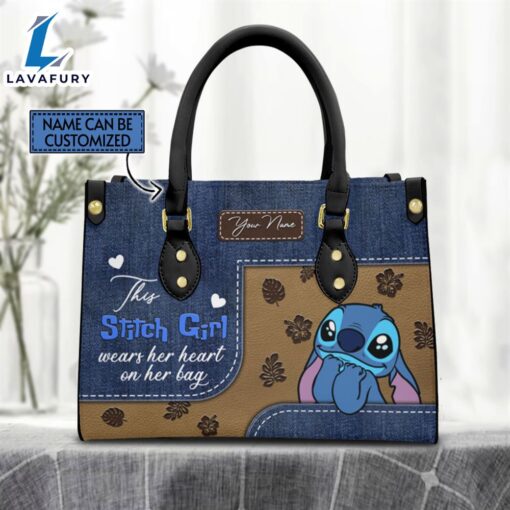 Custom Name This Stitch Girl Wears Her Heart Jean Pattern Premium Leather Handbag