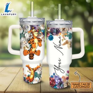 Custom Name Tigger 3D Colorful Flower Sublimation Pattern 40oz Tumbler with Handle and Straw Lid