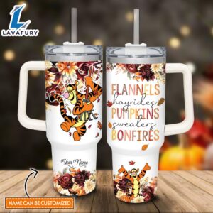Custom Name Tigger Flannels Pumpkins Bonfires Fall Theme Pattern 40oz Tumbler with Handle and Straw Lid