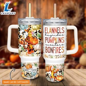 Custom Name Tigger Flannels Pumpkins Bonfires Pattern 40oz Stainless Steel Tumbler with Handle and Straw Lid