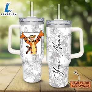 Custom Name Tigger Sketch Flower Pattern White 40oz Stainless Steel Tumbler with Handle and Straw Lid