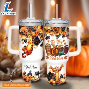 Custom Name Tigger Tis The Season Fall Leaf Pattern 40oz Stainless Steel Tumbler with Handle and Straw Lid