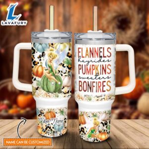 Custom Name Tinker Bell Flannels Pumpkins Bonfires Pattern 40oz Stainless Steel Tumbler with Handle and Straw Lid